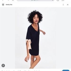 Zara Black Khaki Cream V Neck Bow Tie Short Sleeve Cuff Mini Dress S